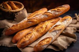 Stock photo de français pain ou baguette dans cuisine table ai généré