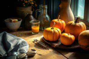 Stock photo de citrouille dans cuisine table plat allonger ai généré