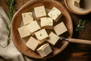 Stock photo brut Tofu dans cuisine table plat allonger ai généré