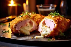 poulet cordon bleu dans le cuisine table nourriture la photographie ai généré photo