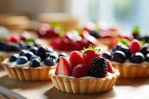 tartes dans le cuisine table nourriture la photographie ai généré photo