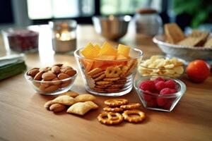 calorie collations dans le cuisine table nourriture la photographie ai généré photo