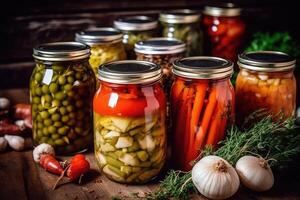 en conserve des légumes dans le cuisine table nourriture la photographie ai généré photo