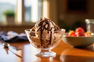 Chocolat sundae dans le cuisine table nourriture la photographie ai généré photo