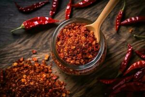 Stock photo Chili flocons dans cuisine table plat allonger ai généré