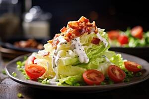 iceberg coin salade dans le cuisine table nourriture la photographie ai généré photo