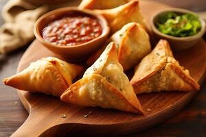 samosa dans le cuisine table nourriture la photographie ai généré photo