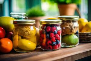 en conserve fruit dans le cuisine table nourriture la photographie ai généré photo