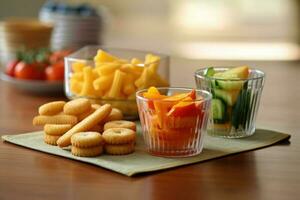 calorie collations dans le cuisine table nourriture la photographie ai généré photo