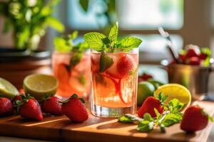 fraise Mojito dans le cuisine table nourriture la photographie ai généré photo