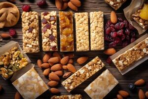 granola bars dans le cuisine table nourriture la photographie ai généré photo