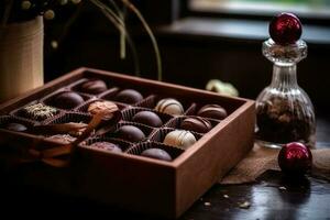 Chocolat boîte dans le cuisine table nourriture la photographie ai généré photo