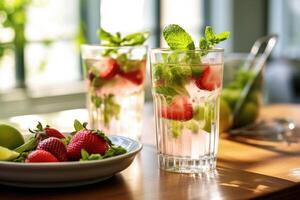 fraise Mojito dans le cuisine table nourriture la photographie ai généré photo