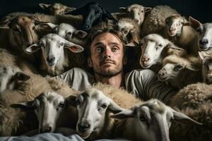 homme essaie à sommeil et compte mouton dans le lit photo