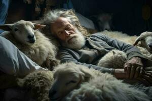 vieux homme essaie à sommeil et compte mouton dans le lit photo