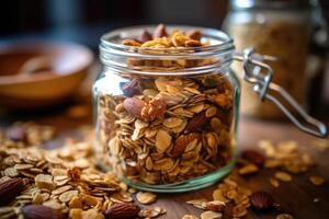 granola dans le cuisine table nourriture la photographie ai généré photo