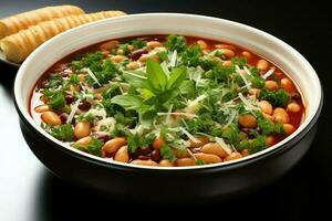 une délicieux soupe de légumes avec pâtes soupe nourriture dans une bol. italien nourriture et en bonne santé protéine soupe repas concept par ai généré photo