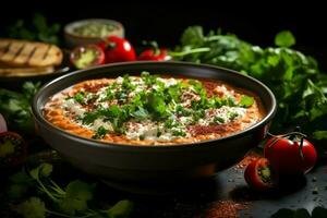 une délicieux tomate soupe nourriture dans une bol. hiver nourriture et en bonne santé protéine soupe repas concept par ai généré photo