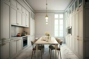 moderne cuisine intérieur conception dans appartement ou maison avec meubles. luxe cuisine Accueil scandinave concept par ai généré photo