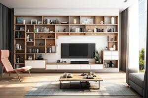 moderne appartement intérieur dans vivant ou chambre conception avec travail tableau, meubles, et étagère à livres. luxe Accueil scandinave concept par ai généré photo