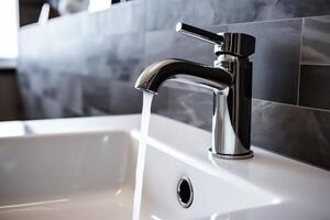 moderne Publique salle de bains avec rangée de blanc céramique laver évier bassins et robinet avec miroir dans salle de repos concept par ai généré photo