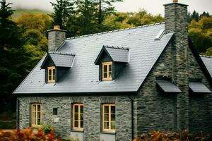 une moderne privé maison est couvert avec métal carrelage toiture ou gris ardoise toit. ancien incurvé Cadre concept par ai généré photo