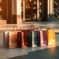 une ensemble de coloré achats Sacs avec poignées. papier achats Sacs proche en haut. achats journées concept par ai généré photo