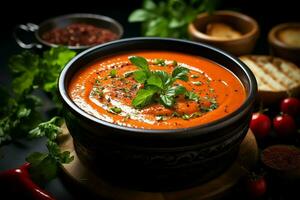 une délicieux tomate soupe nourriture dans une bol. hiver nourriture et en bonne santé protéine soupe repas concept par ai généré photo