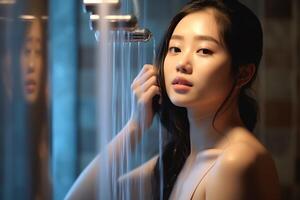 attrayant fraîcheur asiatique femme nettoyer visage Frais l'eau avec se soucier Regardez à miroir dans salle de bains Accueil concept par ai généré photo