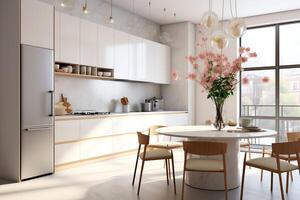 moderne cuisine intérieur conception dans appartement ou maison avec meubles. luxe cuisine Accueil scandinave concept par ai généré photo