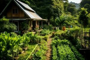 en bois maison dans village avec les plantes et fleurs dans arrière-cour jardin. jardin et fleur sur rural maison concept par ai généré photo