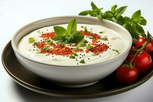 une délicieux tomate soupe nourriture dans une bol. hiver nourriture et en bonne santé protéine soupe repas concept par ai généré photo