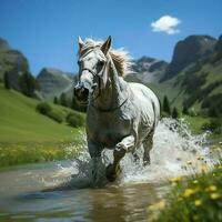 une sauvage cheval fonctionnement dans le ruisseau. sauvage ou ferme animaux concept par ai généré photo