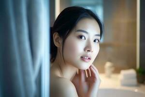 attrayant fraîcheur asiatique femme nettoyer visage Frais l'eau avec se soucier Regardez à miroir dans salle de bains Accueil concept par ai généré photo