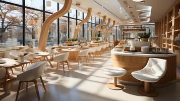 une magnifique restaurant ou café magasin avec moderne style et une en bois. intérieur de une restaurant concept par ai généré photo