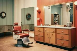 moderne salon de coiffure intérieur avec miroirs chaise et autre équipement près les fenêtres. chaises dans salon de coiffure concept par ai généré photo