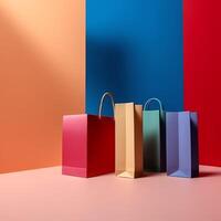 une ensemble de coloré achats Sacs avec poignées. papier achats Sacs proche en haut. achats journées concept par ai généré photo