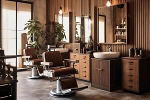 moderne salon de coiffure intérieur avec miroirs chaise et autre équipement près les fenêtres. chaises dans salon de coiffure concept par ai généré photo