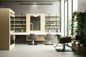 moderne salon de coiffure intérieur avec miroirs chaise et autre équipement près les fenêtres. chaises dans salon de coiffure concept par ai généré photo