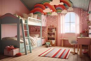 moderne enfant chambre intérieur conception dans maison avec décoration les enfants. coloré les enfants chambre concept par ai généré photo