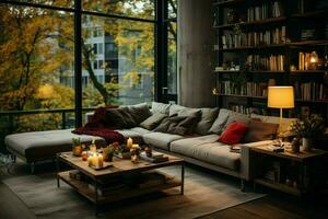 moderne appartement intérieur dans vivant ou chambre conception avec travail tableau, meubles, et étagère à livres. luxe Accueil scandinave concept par ai généré photo