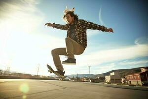 une caucasien homme Faire des trucs ou sauter sur une planche à roulette à le rue. Jeune homme avec patineur sauter concept par ai généré photo