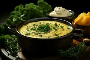 une délicieux blé soupe nourriture avec des légumes dans une bol. hiver nourriture et haute protéine soupe repas concept par ai généré photo