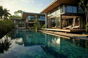 thaïlandais balinais luxe villa avec infini nager bassin. une tropical jardin dans Ubud bali Indonésie concept par ai généré photo