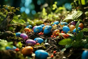 content lapin avec beaucoup Pâques des œufs sur Pâques journée concept. Pâques journée Contexte avec lapin, bonbons ou coloré décoratif des œufs. peint des œufs sur paille nid et fleur. Pâques fête par ai généré photo