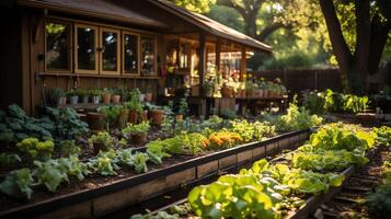 en bois maison dans village avec les plantes et fleurs dans arrière-cour jardin. jardin et fleur sur rural maison concept par ai généré photo