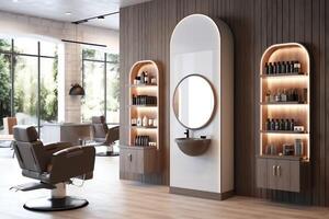 moderne salon de coiffure intérieur avec miroirs chaise et autre équipement près les fenêtres. chaises dans salon de coiffure concept par ai généré photo