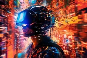 futuriste concept de vr et ar La technologie une virtuel réalité sur une bleu Contexte. métaverse concept par ai généré photo