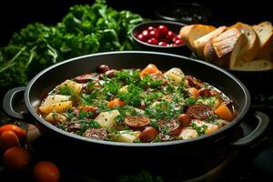 une délicieux soupe de légumes avec pâtes soupe nourriture dans une bol. italien nourriture et en bonne santé protéine soupe repas concept par ai généré photo