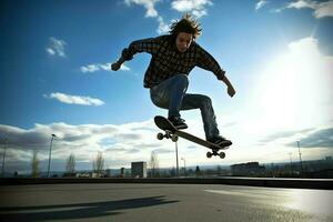 une caucasien homme Faire des trucs ou sauter sur une planche à roulette à le rue. Jeune homme avec patineur sauter concept par ai généré photo